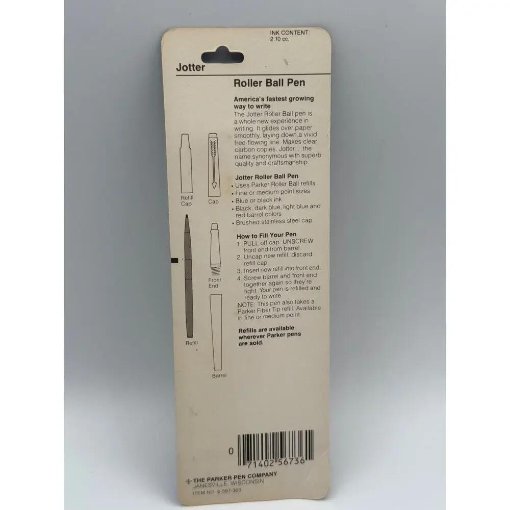 Vintage Parker Jotter Roller Ball Pen NOS Black Fine Sealed USA Blister Pack